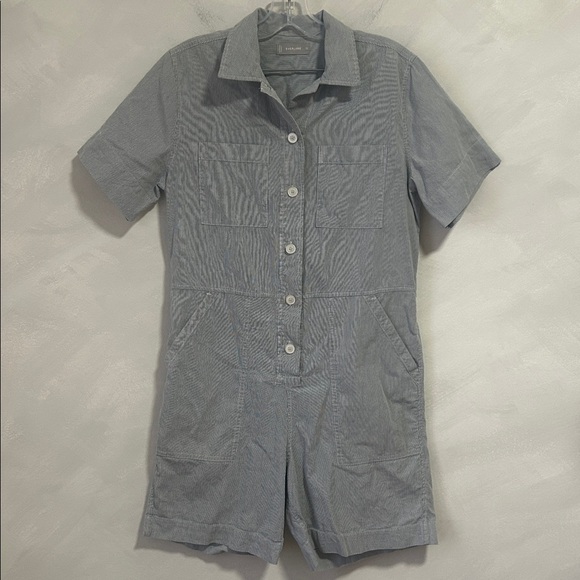 EVERLANE The Cotton Weave Romper 100% Cotton Grey White Stripe Button Front 10 - Picture 3 of 11